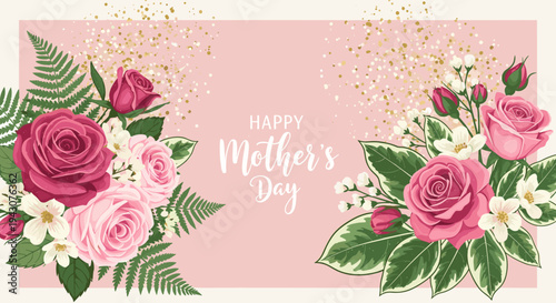 A beautiful Mother's Day floral arrangement featuring pink roses, greenery, and delicate flowers in a modern style