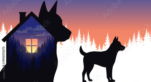 Silhouetted Dog and House with Forest Scene at Dusk, Symbolizing Home and Companionship