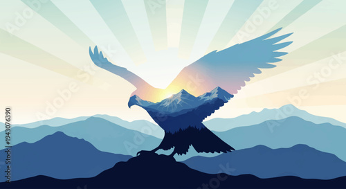 Majestic eagle embodying rugged mountain peaks and a radiant sunrise, an inspiring illustration symbolizing freedom, strength, and the wild spirit of nature