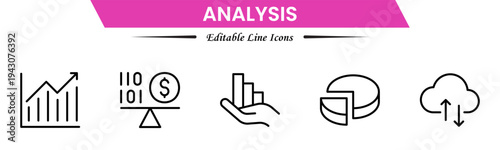 Analysis icons depicting data evaluation, charts, graphs, statistics, insights, trends, reports, metrics, research, assessment, monitoring, performance, strategy, decision-making, and review.
