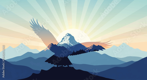Majestic eagle soars above a serene mountain range at sunrise, symbolizing freedom, strength, and the spirit of exploration amidst vast natural beauty