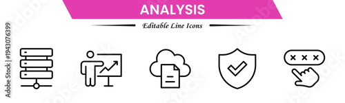 Analysis icons depicting data evaluation, charts, graphs, statistics, insights, trends, reports, metrics, research, assessment, monitoring, performance, strategy, decision-making, and review.
