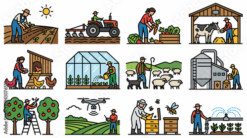 Farming and Agriculture Icons: Modern and Traditional Methods