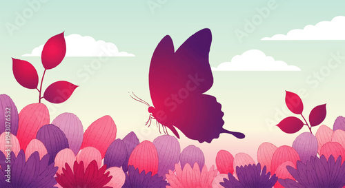 Vibrant Butterfly Graces a Field of Blooming Flowers Under a Gentle Sky