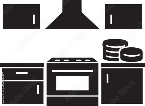 Kitchen Counter Icon with Stove, Cabinets, and Range Hood.