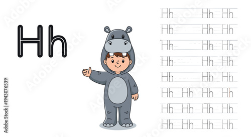Educational alphabet tracing worksheet for the letter H featuring a cute child dressed in a hippopotamus costume for kids learning.