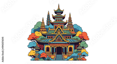 Colorful illustration of an elaborate building surrounded by stylized trees