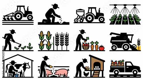 Farming Icons: Agriculture, Harvest, Livestock, and Delivery