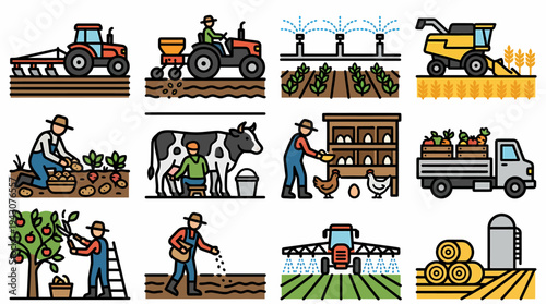 Farming Icons: Agriculture, Harvesting, Livestock, and Tractor Work