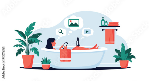 Young woman enjoying a relaxing bath while browsing social media and watching videos on her smartphone surrounded by bathroom plants.