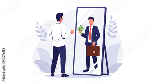 Successful businessman looking into a mirror and seeing his future self holding money and a briefcase as a symbol of ambition and wealth.