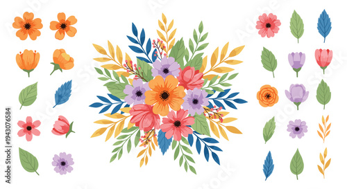 Beautiful floral arrangement with a central bouquet and separate flower and leaf elements for custom wedding invitations and cards.