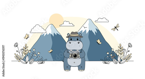 Cute cartoon hippopotamus character wearing a hat and holding a camera in a scenic mountain landscape with flowers and butterflies.