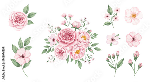 Detailed set of pink rose flowers, leaf stems, and a central bouquet arrangement for romantic wedding designs and botanical art.