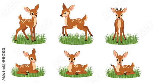 Collection of cute deer fawn illustrations in various natural poses like sitting, jumping, and standing on patches of green grass.