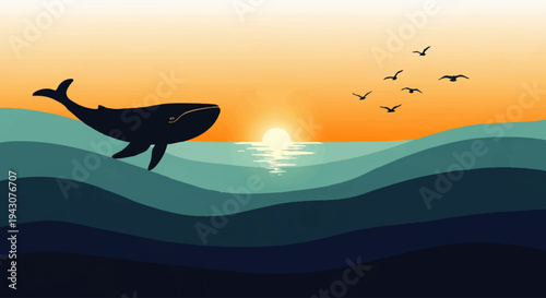 Majestic whale breaching the ocean waves at sunset with birds flying in the sky
