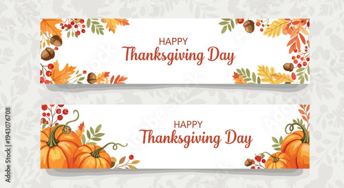 Set of autumn-themed horizontal banners for Happy Thanksgiving Day featuring pumpkins, fall leaves, berries, and acorns.