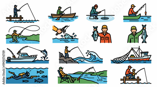 Fishing Icons Set: Different Types of Fishing and Activities