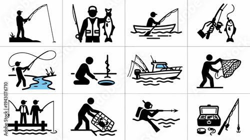 Fishing Icons Set: Diverse Activities and Methods