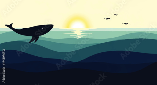 Majestic whale breaching the ocean surface at sunrise with birds flying in the sky, a serene natural landscape scene