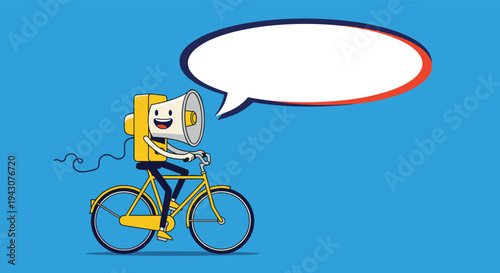 Creative mascot of a megaphone character riding a yellow bicycle and speaking through a large empty speech bubble for announcements.