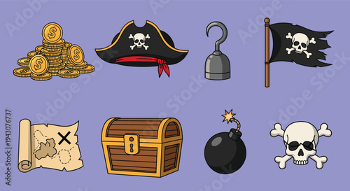 Comprehensive set of pirate-themed icons including a treasure chest, gold coins, hook, Jolly Roger flag, treasure map, and skull.