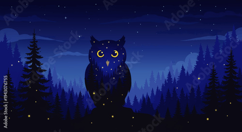Enchanting Night Scene Featuring a Starry Owl Perched Amidst a Forest Illuminated by Fireflies