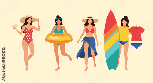 Group of four diverse women wearing different beach and summer outfits like swimsuits, sarongs, and holding a surfboard for vacation.