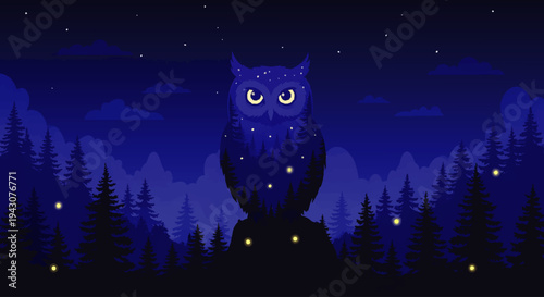 Enchanting night forest scene with a majestic owl adorned with sparkling stars, surrounded by a mystical, starlit woodland and fireflies