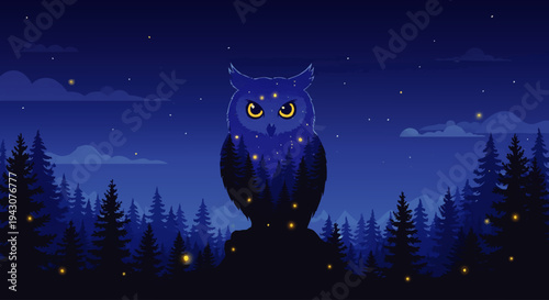 Enchanting pixel art illustration of a majestic owl perched on a rock amidst a mystical forest under a starry night sky with glowing fireflies