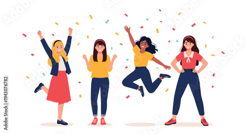 Diverse group of young girls jumping and cheering with joy under a rain of colorful confetti for a celebration or party theme.