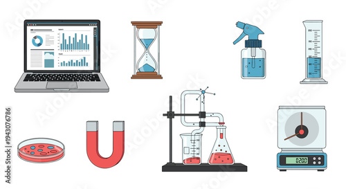 Collection of various science laboratory icons including a laptop with data, hourglass, spray bottle, graduated cylinder, and magnet.