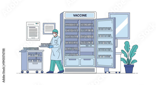 Professional medical worker or nurse wearing a mask and protective gear while handling vaccine vials near a large refrigerator.