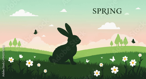 Serene spring vector illustration of a rabbit silhouette in a vibrant green meadow with blooming flowers and rolling hills, symbolizing nature's renewal and awakening