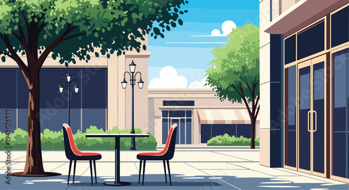 Modern outdoor cafe scene with a black table and red chairs located in a sunny city plaza with green trees and buildings.