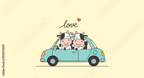 Adorable illustration of two cows in a small blue car going on a trip together with a floating heart and the word love.