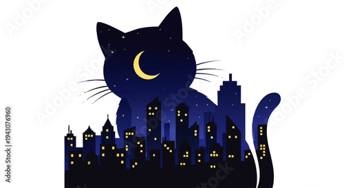 Night cityscape within black cat silhouette featuring glowing windows, crescent moon, and stars, merging urban life with feline grace in a unique graphic design