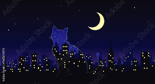 Feline silhouette gazing thoughtfully at a luminous cityscape under a crescent moon and twinkling stars, an enchanting nocturnal illustration blending urban life with the tranquil cosmic sky