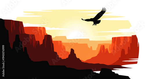 Majestic desert canyon vista at sunrise with a soaring eagle, capturing the breathtaking beauty and freedom of the wild west landscape under a vibrant sky