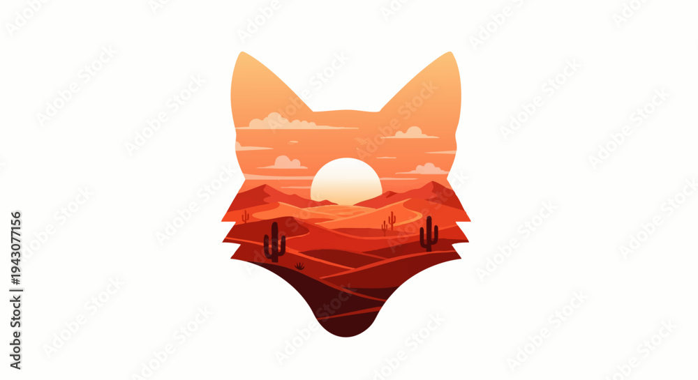 Fototapeta premium Vibrant desert landscape sunset silhouette within a fox head illustration