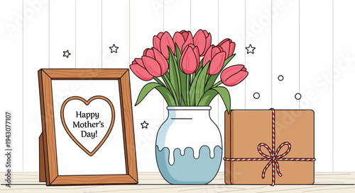 A charming Mother's Day scene featuring a vase of tulips, a framed greeting, and a gift box in a flat design