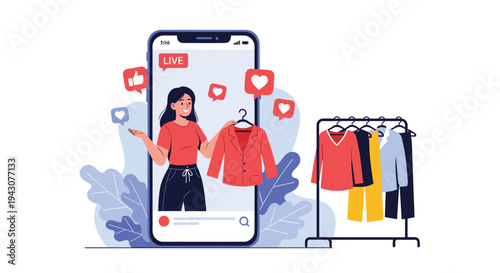 Enthusiastic young woman conducting a live video stream on her smartphone to sell trendy clothes from a rack in her brightly lit room.