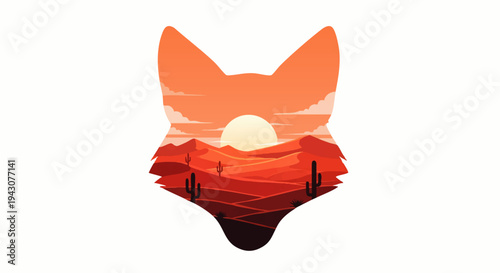 Vibrant Desert Sunset and Cactus Landscape Artfully Encapsulated within a Stylized Fox Head Silhouette - A Creative Nature-Inspired Vector Illustration