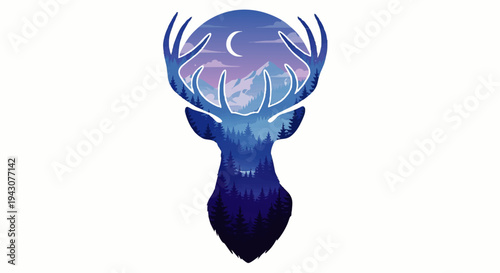 Majestic deer silhouette embracing a tranquil night sky, showcasing a mystical mountain landscape with crescent moon and twinkling stars, perfect for nature-inspired designs and unique branding