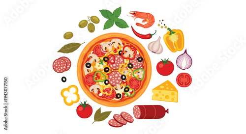 Mouthwatering pizza with multiple toppings surrounded by fresh ingredients like tomatoes, cheese, shrimp, peppers, and salami in a circle.