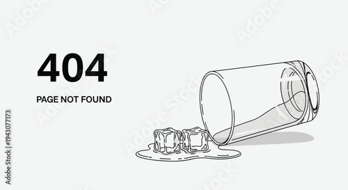 Creative error 404 page not found concept illustrated with a spilled glass of water and melting ice cubes on a neutral light grey background.