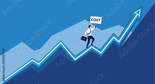 Ambitious businessman climbing up a sharp upward trending arrow graph while holding a cost sign against a deep blue background layout.