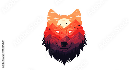 Artistic Illustration of a Wolf's Head Featuring a Mountain Landscape and Sunset