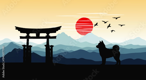Japanese Shiba Inu Silhouette at Sunrise with Torii Gate and Mountain Range