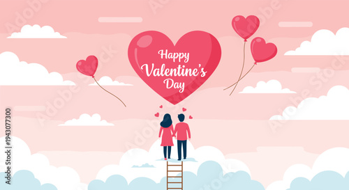 Romantic Happy Valentine's Day banner featuring a loving couple standing on clouds looking towards a giant pink heart in a dreamy sky.